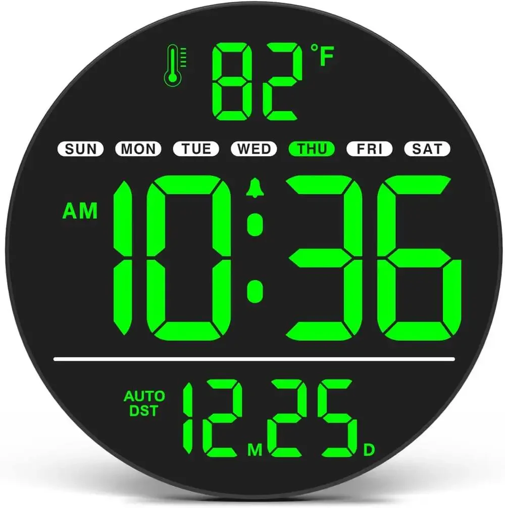 Digital Wall Clock with LED Display, Temperature, Auto Daylight Saving, Date